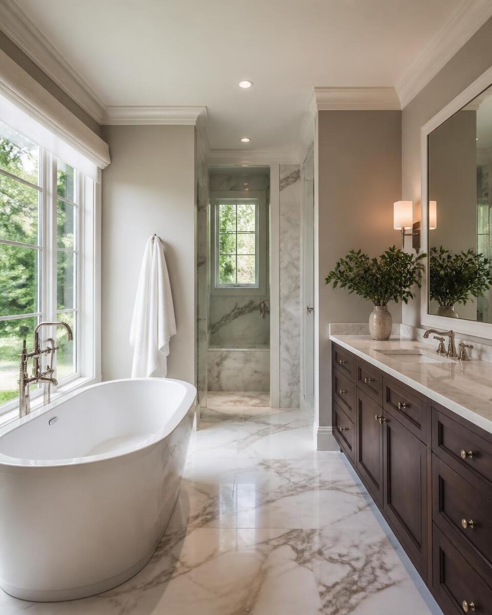 Renovated bathroom with tiled shower