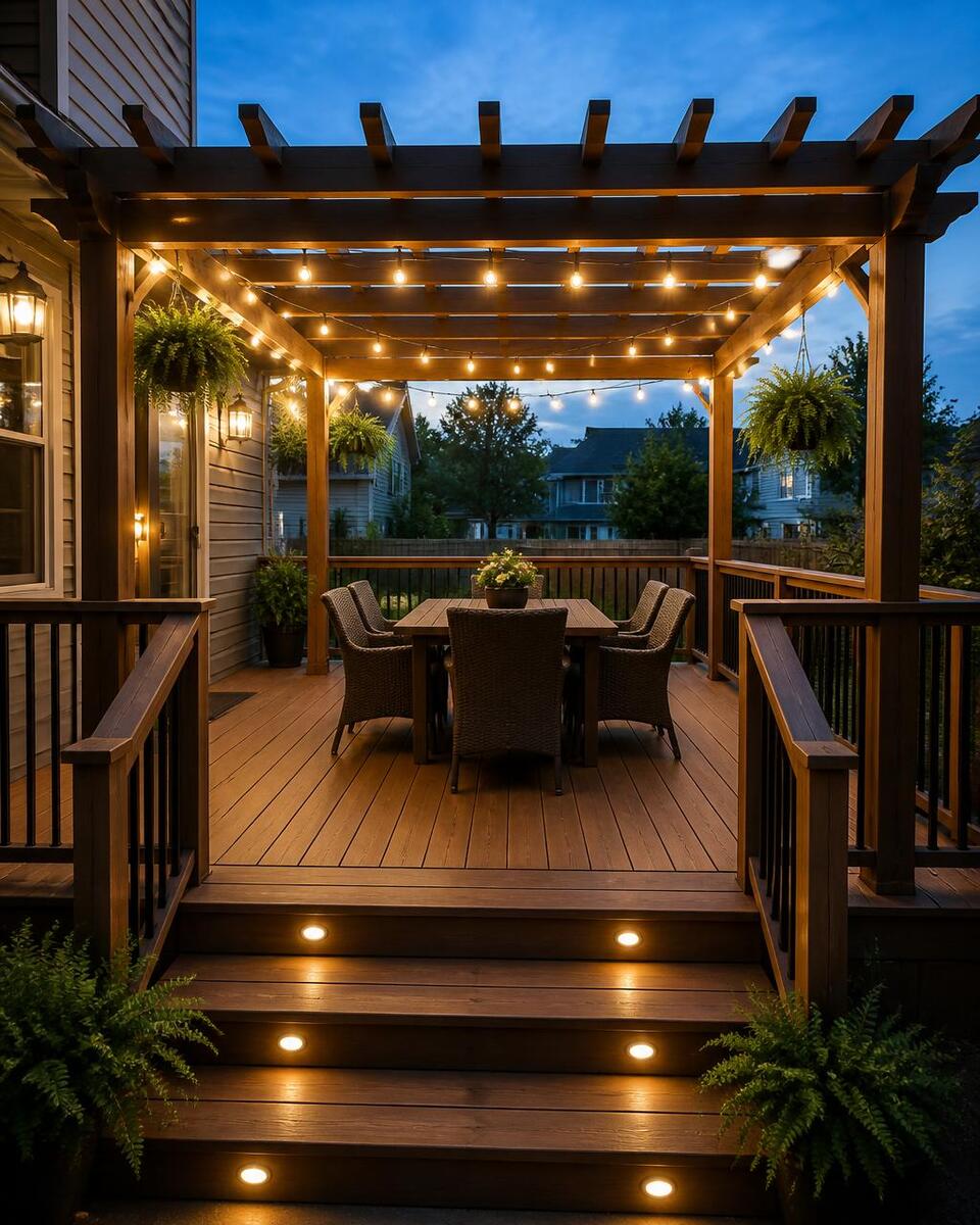 Custom backyard deck at dusk